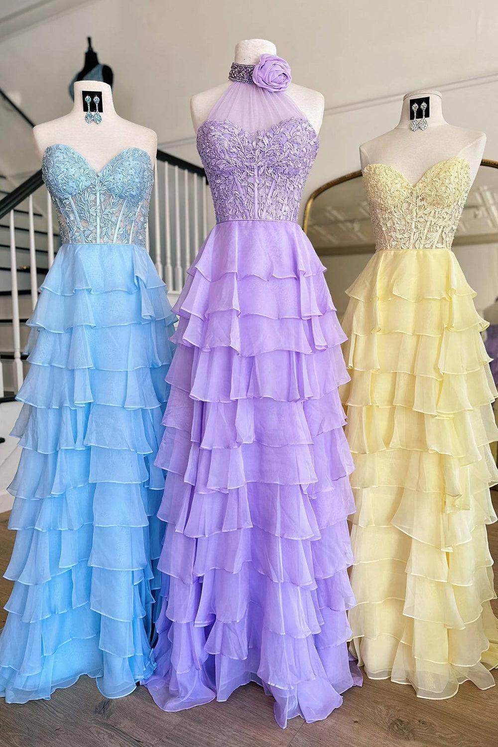 Halter Neck Prom Dress A Line Tiered Chiffon Long Formal Dress with Flower