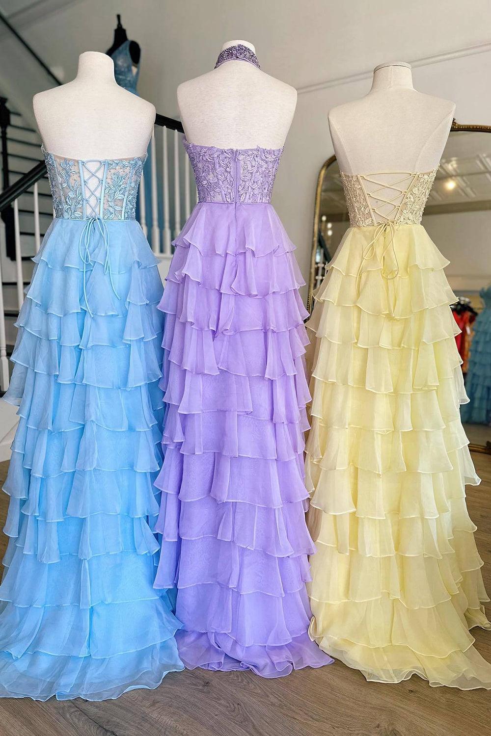 Halter Neck Prom Dress A Line Tiered Chiffon Long Formal Dress with Flower