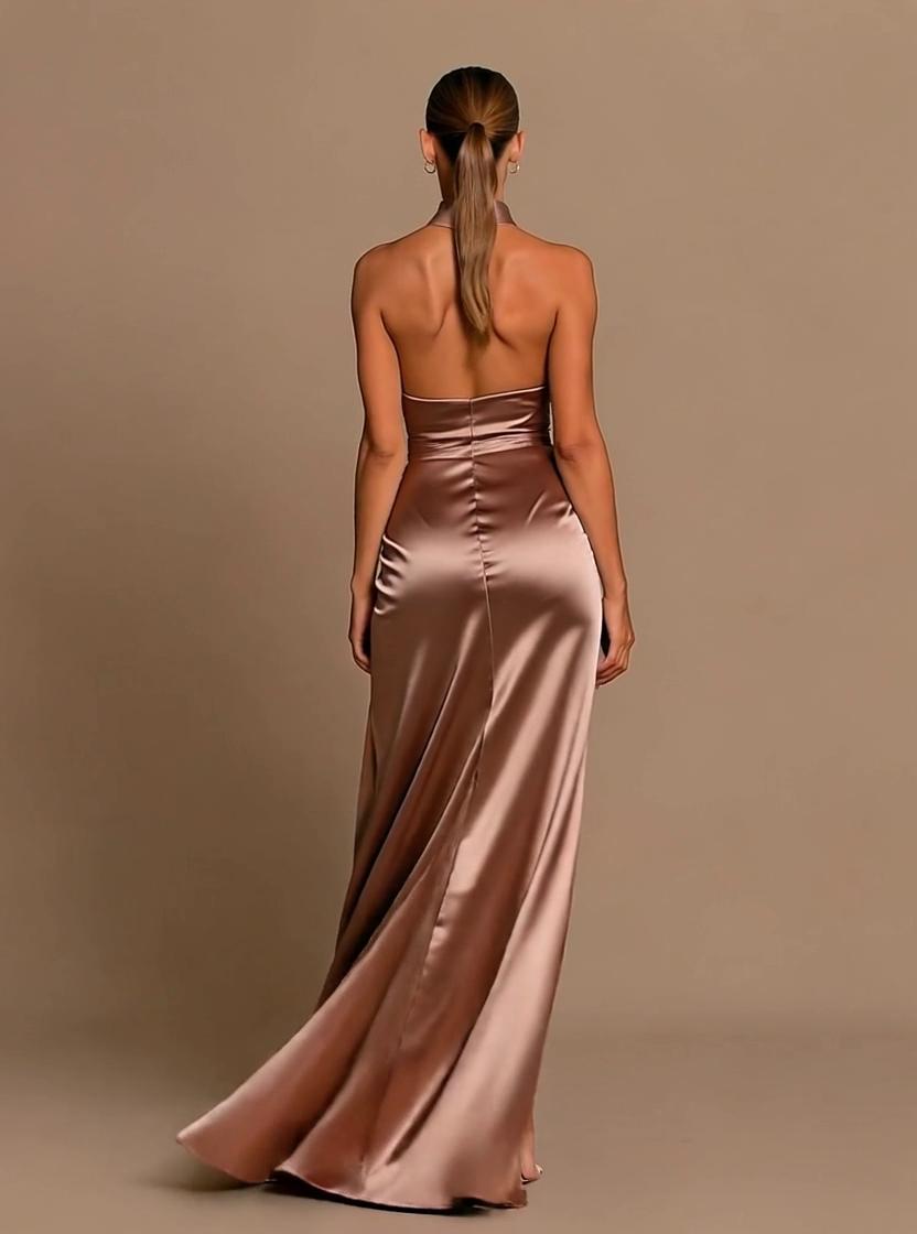 Halter Neck Satin Wedding Guest Dress Lace-Up Back Bridesmaid Dress