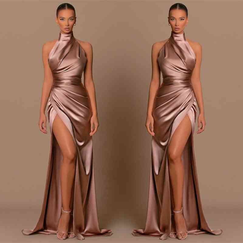 Halter Neck Satin Wedding Guest Dress Lace-Up Back Bridesmaid Dress
