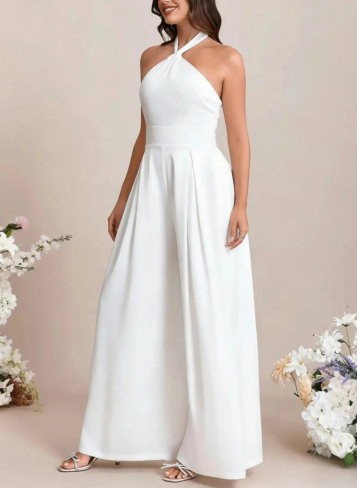 Halter Neck Sleeveless Floor Length Elastic Satin Wedding Jumpsuit with Bow