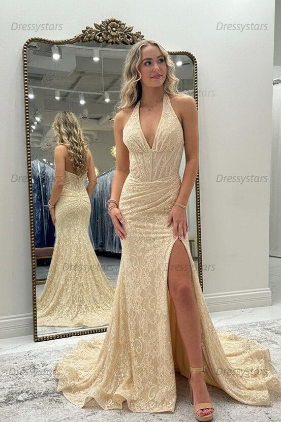 Halter Pink Prom Dress Long Lace Formal Dress With Slit