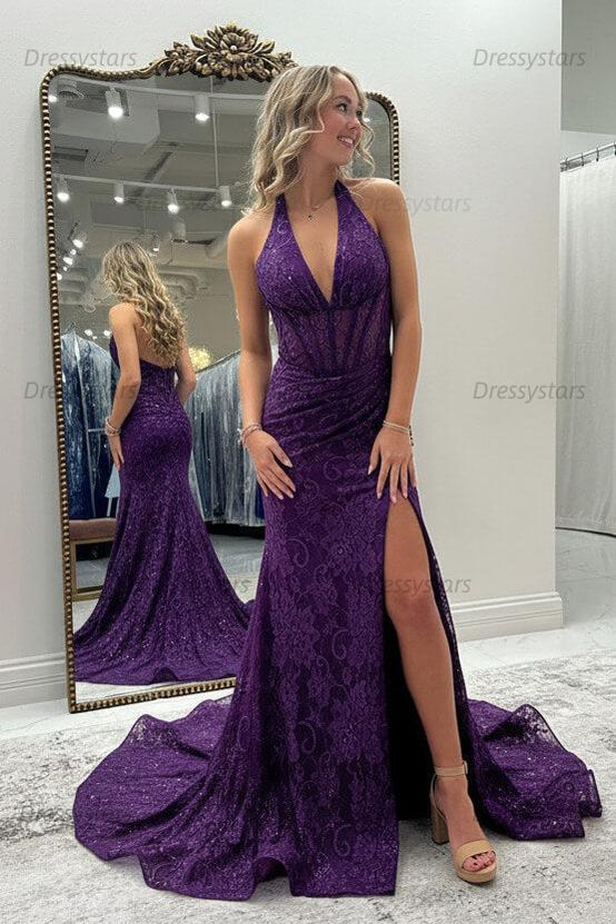 Halter Pink Prom Dress Long Lace Formal Dress With Slit
