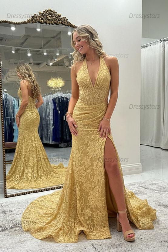 Halter Pink Prom Dress Long Lace Formal Dress With Slit