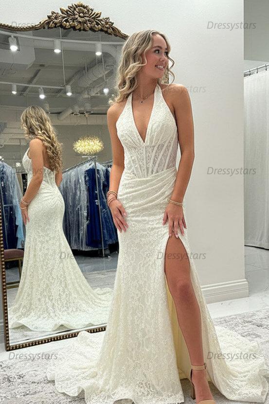 Halter Pink Prom Dress Long Lace Formal Dress With Slit