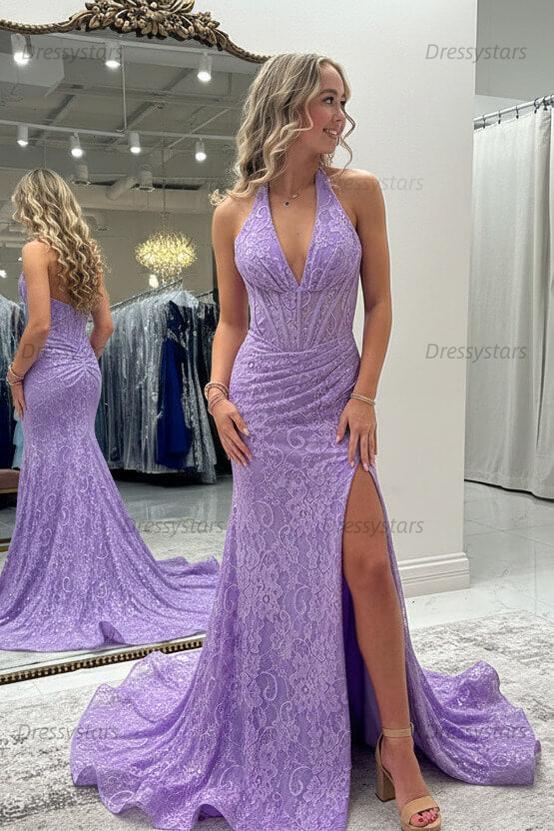 Halter Pink Prom Dress Long Lace Formal Dress With Slit