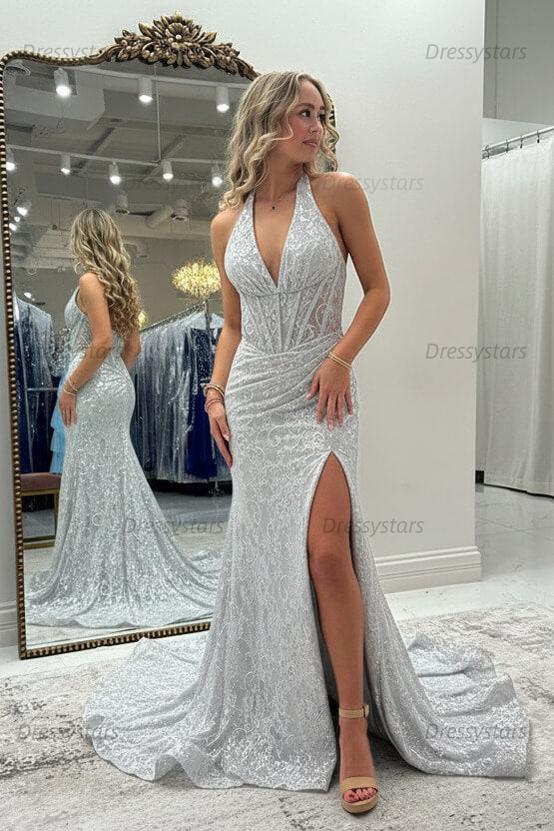 Halter Pink Prom Dress Long Lace Formal Dress With Slit