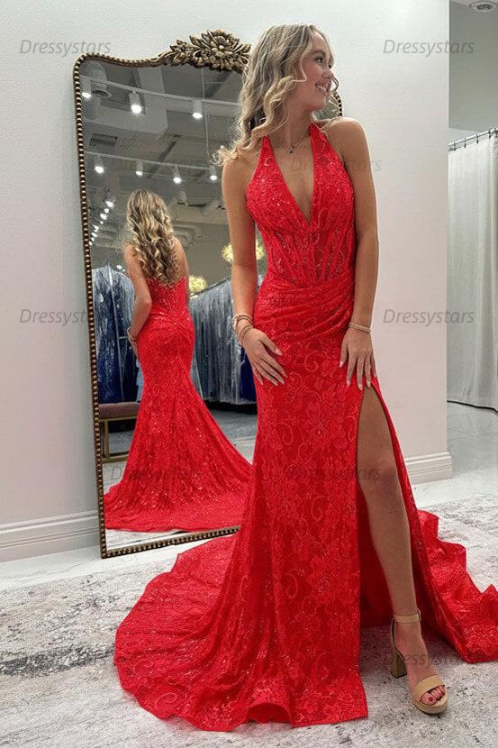 Halter Pink Prom Dress Long Lace Formal Dress With Slit