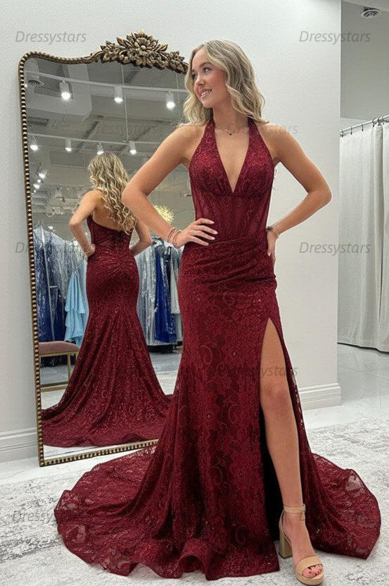 Halter Pink Prom Dress Long Lace Formal Dress With Slit