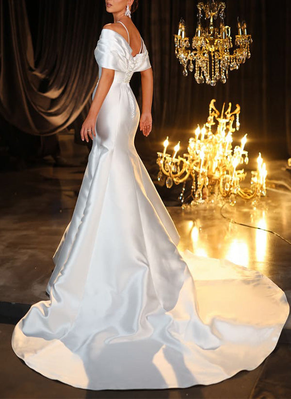 Halter Sleeveless Trumpet Mermaid Sweep Train Satin Wedding Dress