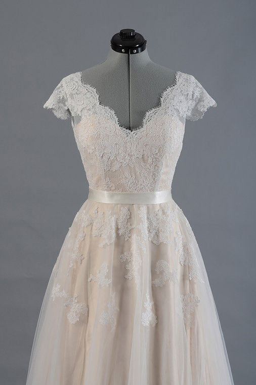 Handmade A Line Tulle Lace Long Handmade Wedding Dress Lace Bridal Gown