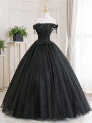 Handmade Ball Gown Wedding Dress Black Tulle Lace Formal Party Dress