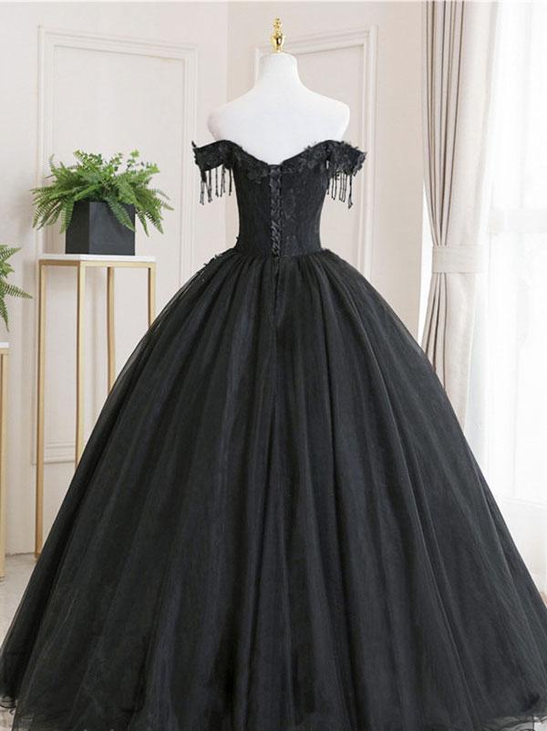 Handmade Ball Gown Wedding Dress Black Tulle Lace Formal Party Dress