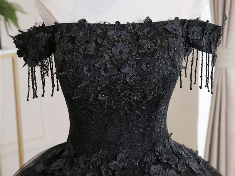 Handmade Ball Gown Wedding Dress Black Tulle Lace Formal Party Dress