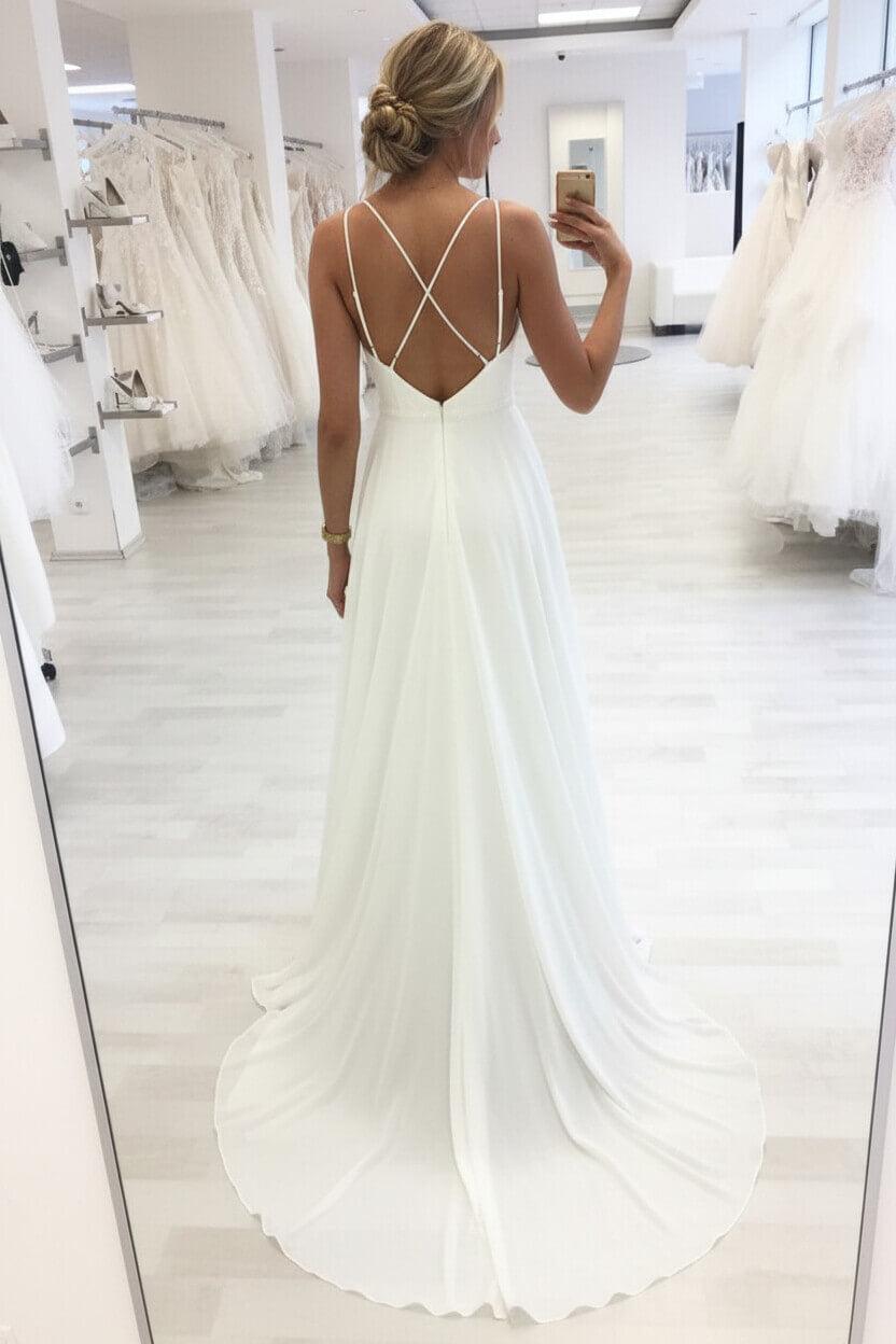 Handmade Beach Wedding Dress Simple White Chiffon Long Bridal Gown