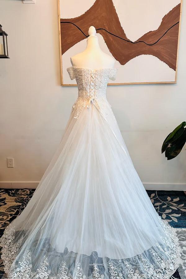Handmade Beaded Off the Shoulder Wedding Dress Tulle A Line Bridal Gown