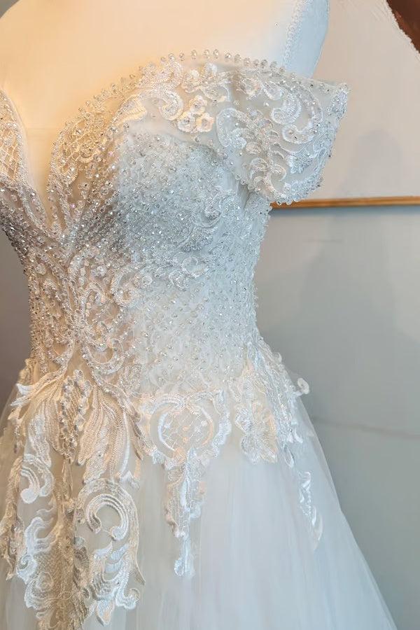Handmade Beaded Off the Shoulder Wedding Dress Tulle A Line Bridal Gown