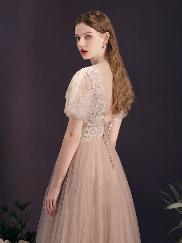 Handmade Bridesmaid Dress A Line Tulle Lace Champagne Long Tulle Lace Long Wedding Guest Dress