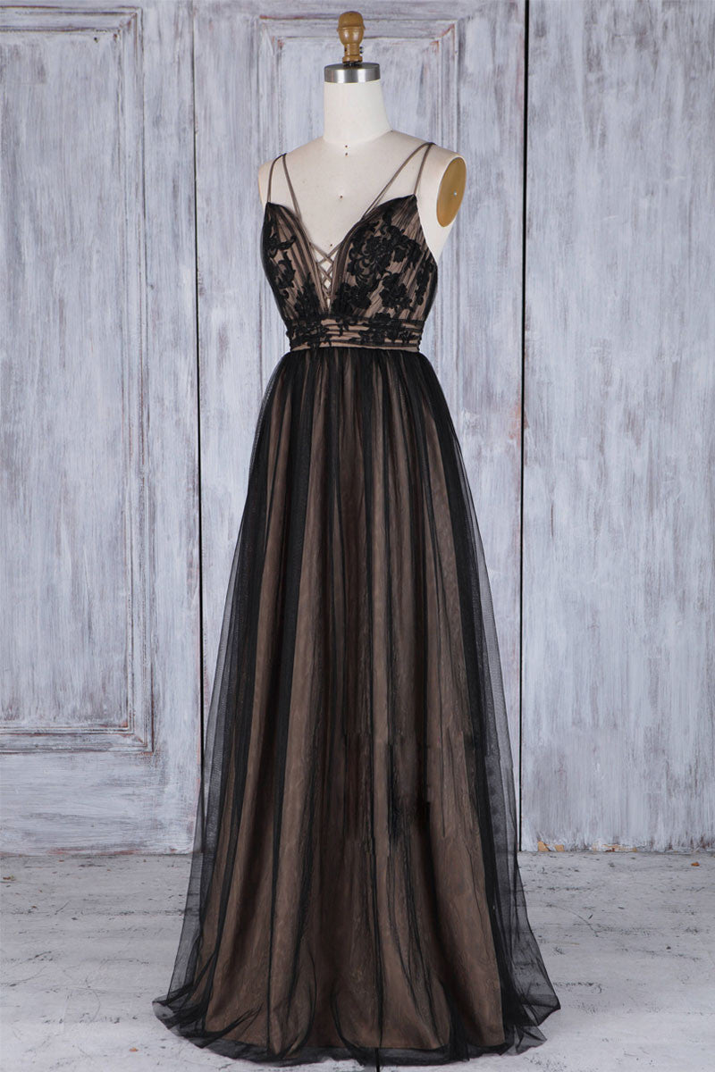 Handmade Bridesmaid Dress Black V Neck Lace Tulle Long Wedding Guest Dress