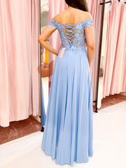 Handmade Bridesmaid Dress Blue Lace A Line Long Wedding Guest Dress
