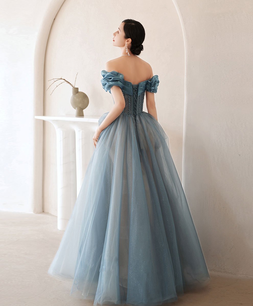 Handmade Bridesmaid Dress Blue Off the Shoulder Satin Long Wedding Guest Dress