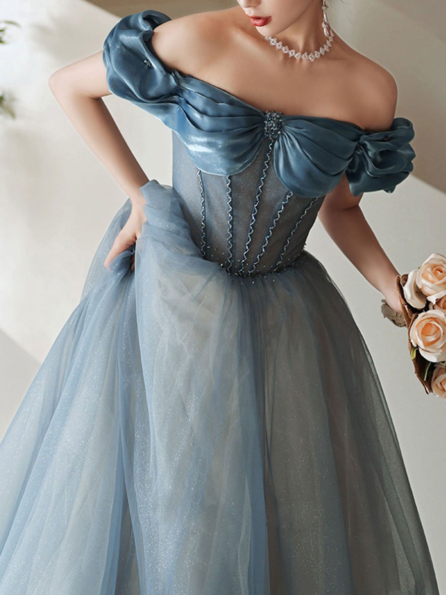 Handmade Bridesmaid Dress Blue Off the Shoulder Satin Long Wedding Guest Dress