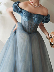 Handmade Bridesmaid Dress Blue Off the Shoulder Satin Long Wedding Guest Dress