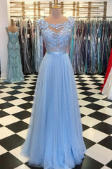 Handmade Bridesmaid Dress Blue Round Neck Tulle Lace Appliques Long Wedding Guest Dress