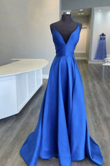 Handmade Bridesmaid Dress Blue V Neck Satin Long Wedding Guest Dress