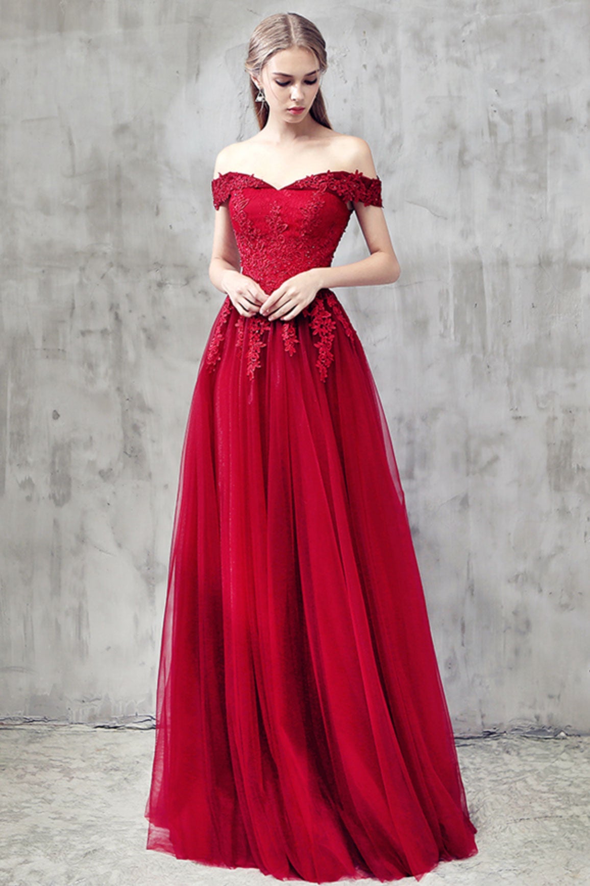 Handmade Bridesmaid Dress Burgundy Tulle Lace Off the Shoulder Wedding Guest Dress