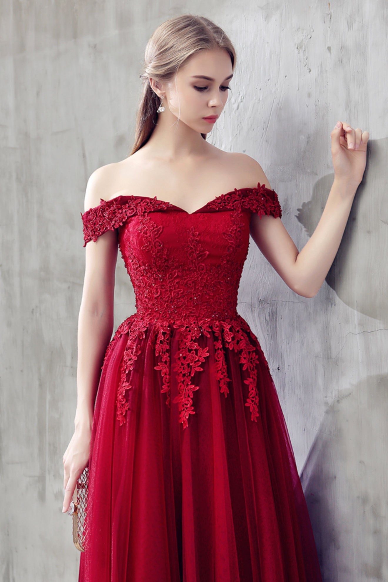 Handmade Bridesmaid Dress Burgundy Tulle Lace Off the Shoulder Wedding Guest Dress
