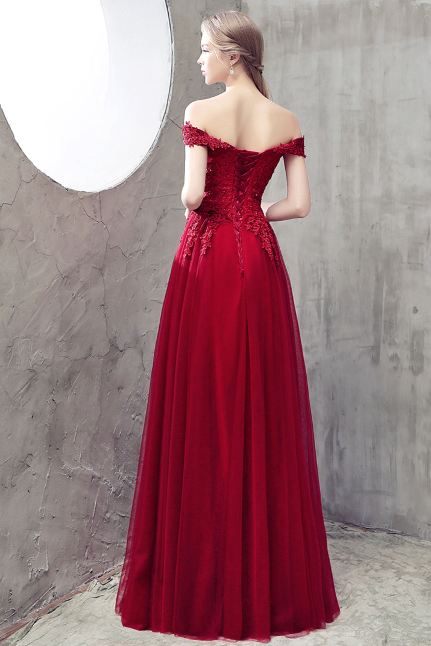 Handmade Bridesmaid Dress Burgundy Tulle Lace Off the Shoulder Wedding Guest Dress