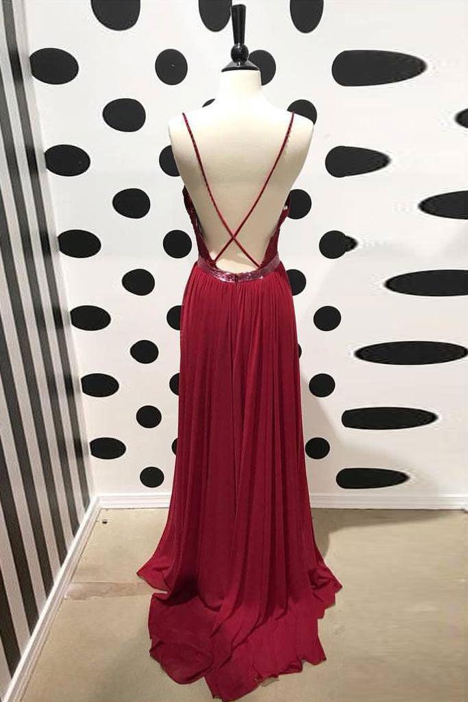 Handmade Bridesmaid Dress Burgundy V Neck Lace Chiffon Long Wedding Guest Dress