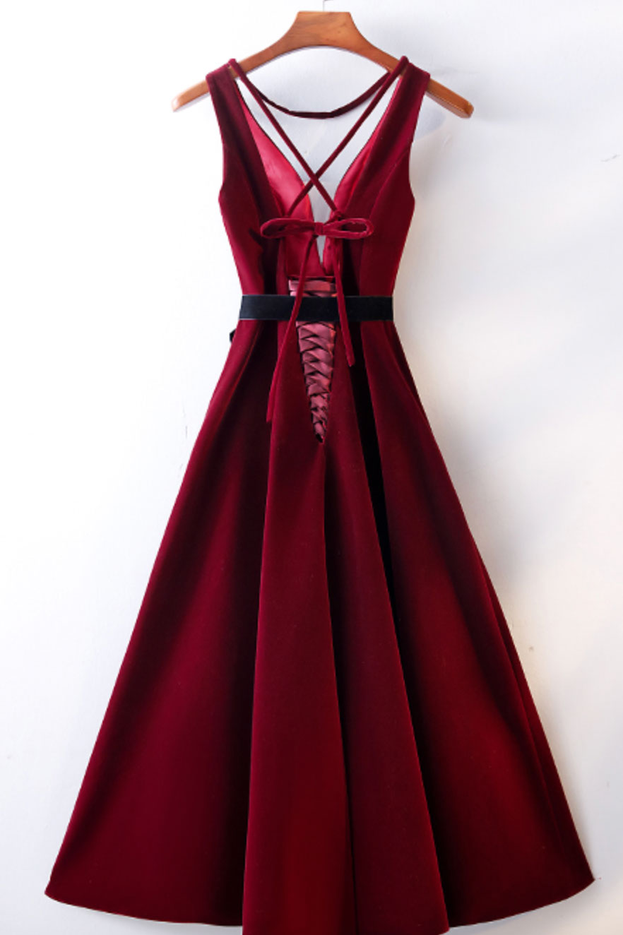 Handmade Bridesmaid Dress Burgundy V Neck Short Wedding Guest Dress