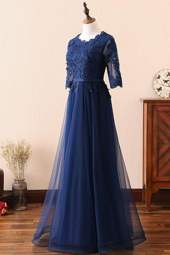 Handmade Bridesmaid Dress Dark Blue Round Neck Lace Tulle Long Wedding Guest Dress