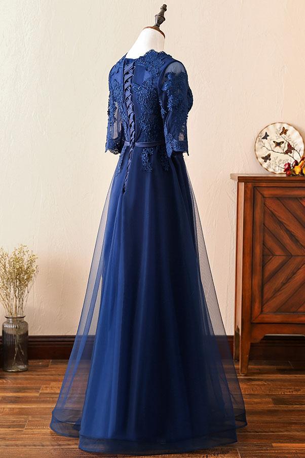 Handmade Bridesmaid Dress Dark Blue Round Neck Lace Tulle Long Wedding Guest Dress