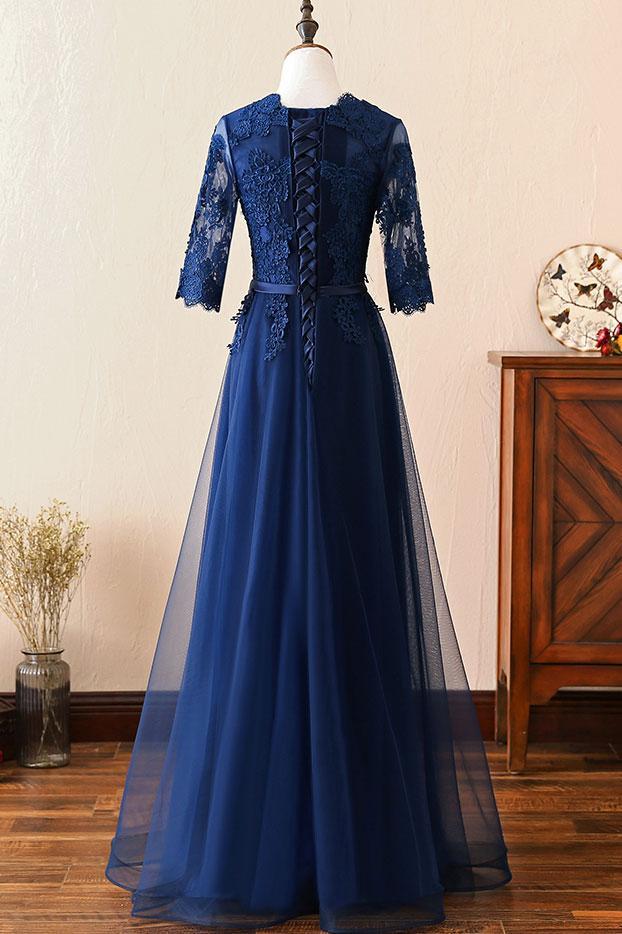 Handmade Bridesmaid Dress Dark Blue Round Neck Lace Tulle Long Wedding Guest Dress