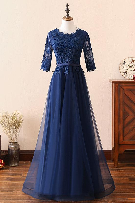 Handmade Bridesmaid Dress Dark Blue Round Neck Lace Tulle Long Wedding Guest Dress