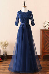 Handmade Bridesmaid Dress Dark Blue Round Neck Lace Tulle Long Wedding Guest Dress