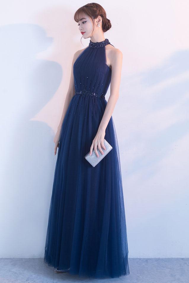 Handmade Bridesmaid Dress Dark Blue Tulle High Neck Long Wedding Guest Dress