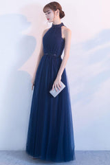 Handmade Bridesmaid Dress Dark Blue Tulle High Neck Long Wedding Guest Dress