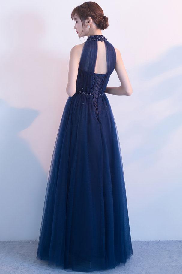 Handmade Bridesmaid Dress Dark Blue Tulle High Neck Long Wedding Guest Dress