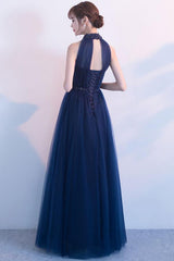 Handmade Bridesmaid Dress Dark Blue Tulle High Neck Long Wedding Guest Dress