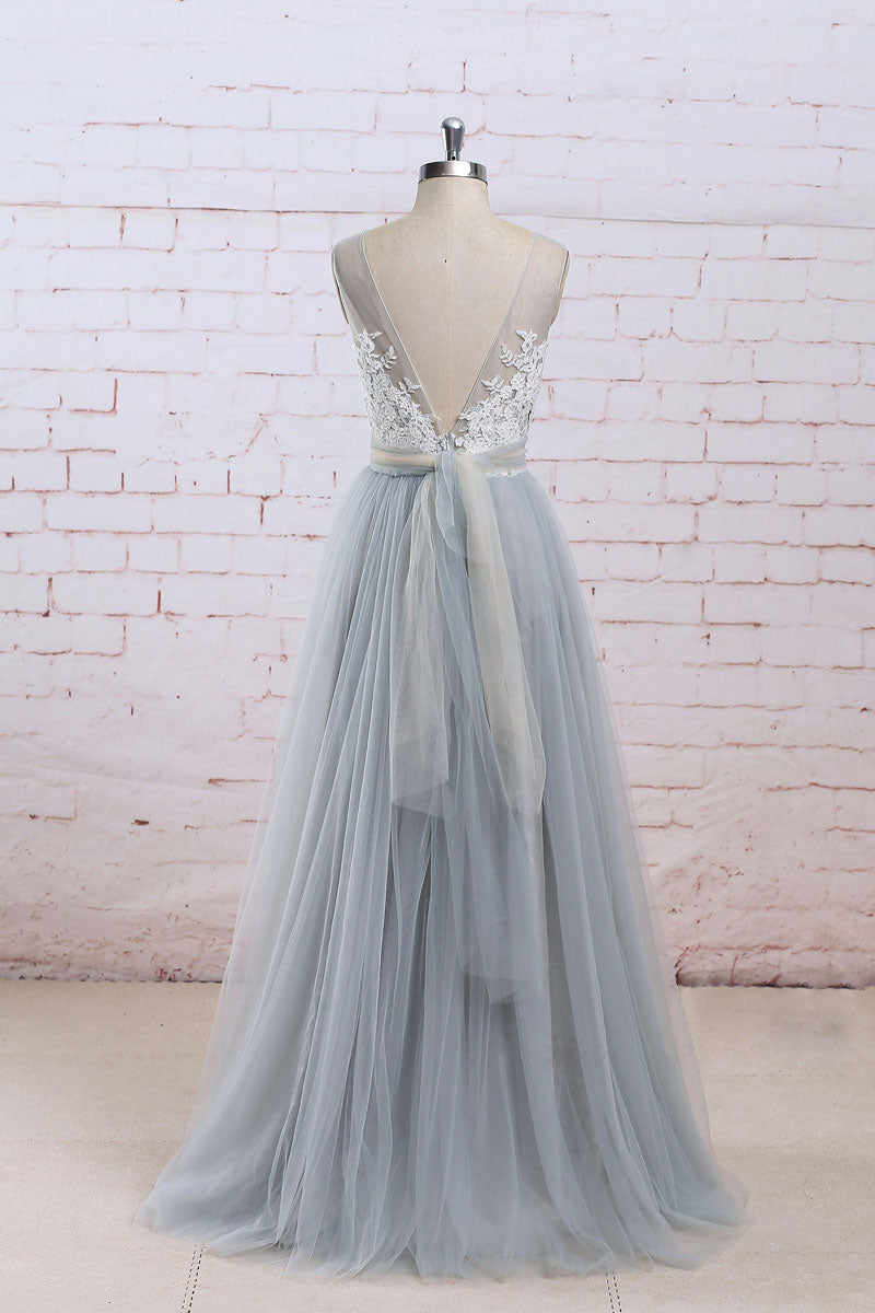 Handmade Bridesmaid Dress Gray A Line Lace Tulle Long Wedding Guest Dress