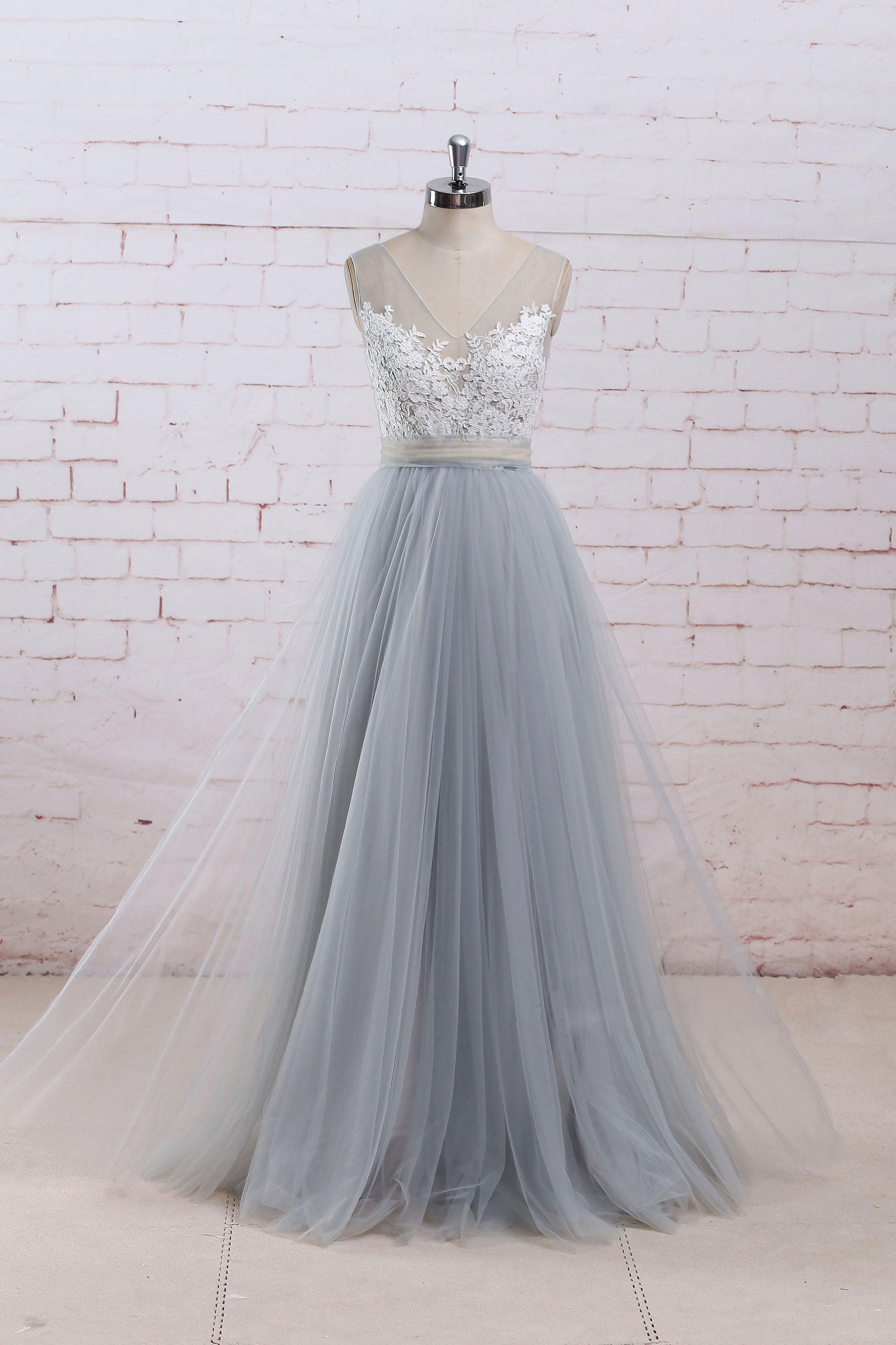 Handmade Bridesmaid Dress Gray A Line Lace Tulle Long Wedding Guest Dress