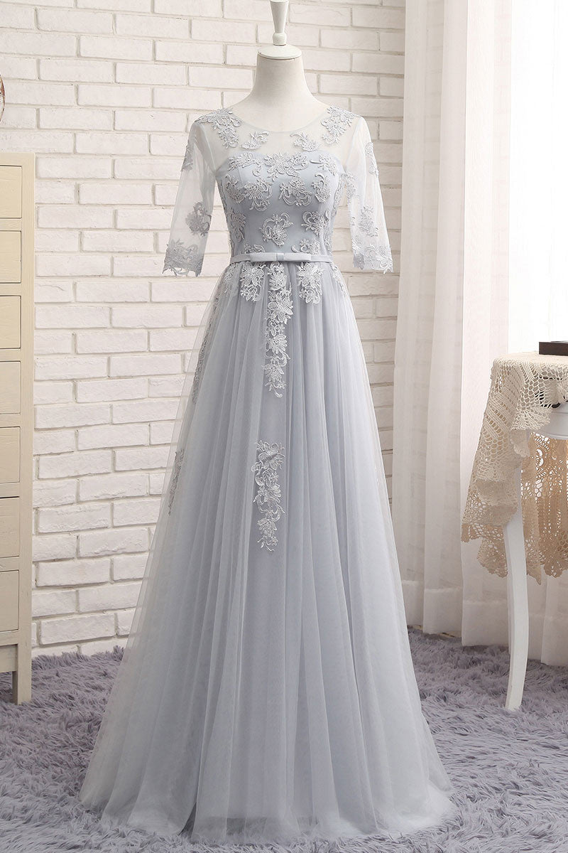 Handmade Bridesmaid Dress Gray Tulle Lace Long Wedding Guest Dress