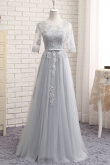 Handmade Bridesmaid Dress Gray Tulle Lace Long Wedding Guest Dress