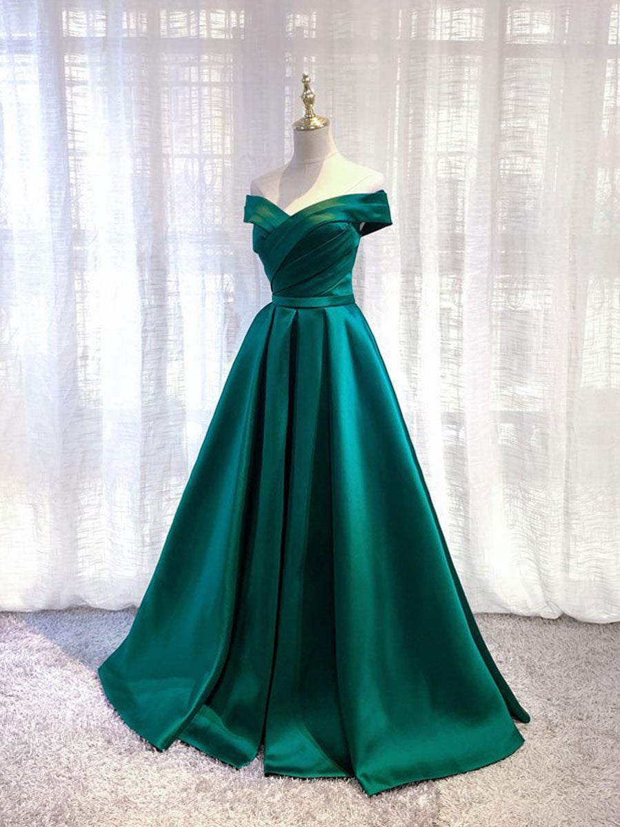 Handmade Bridesmaid Dress Green Satin Off the Shoulder Long Wedding Guest Dress