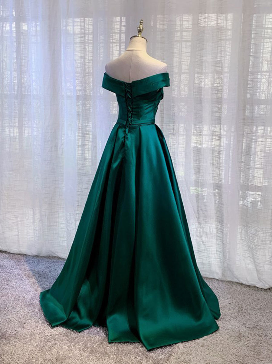 Handmade Bridesmaid Dress Green Satin Off the Shoulder Long Wedding Guest Dress