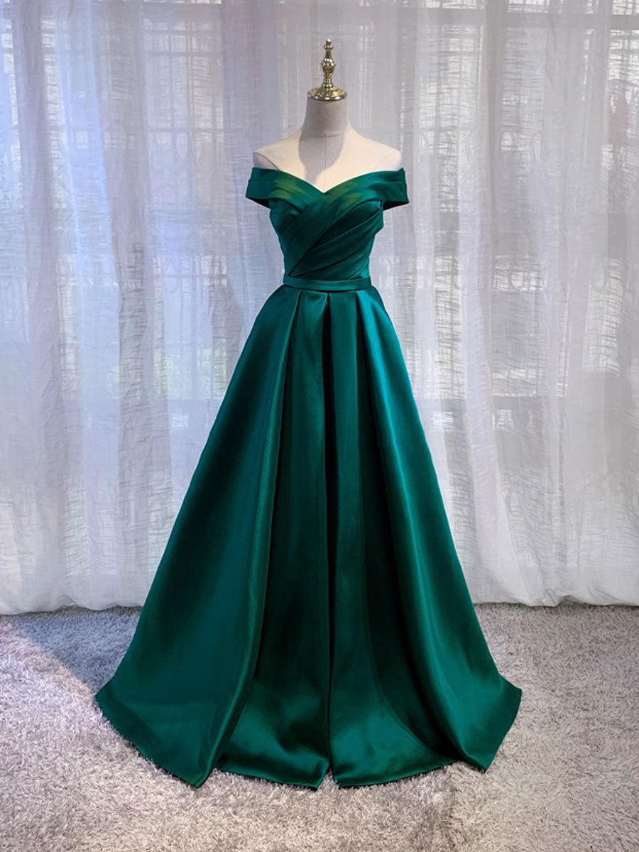 Handmade Bridesmaid Dress Green Satin Off the Shoulder Long Wedding Guest Dress
